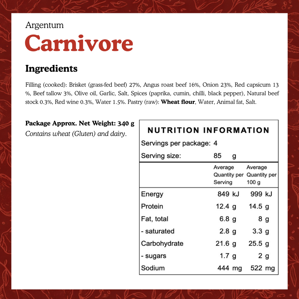 Nutrition label for Argentum Carnivore product with ingredients and nutritional information.