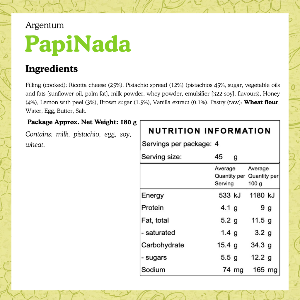 Nutrition label for Argentum PapiNada on a white background with green text. Pistachio, ricotta, dulce de leche