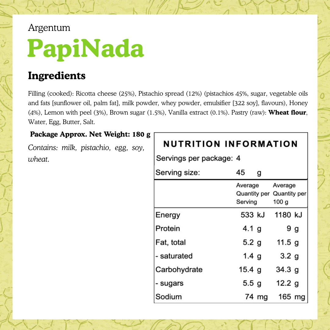 Nutrition label for Argentum PapiNada on a white background with green text. Pistachio, ricotta, dulce de leche