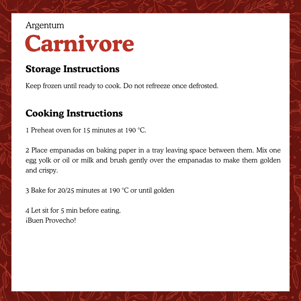 Storage and cooking instructions for Argentum Carnivore empanadas on a decorative card.