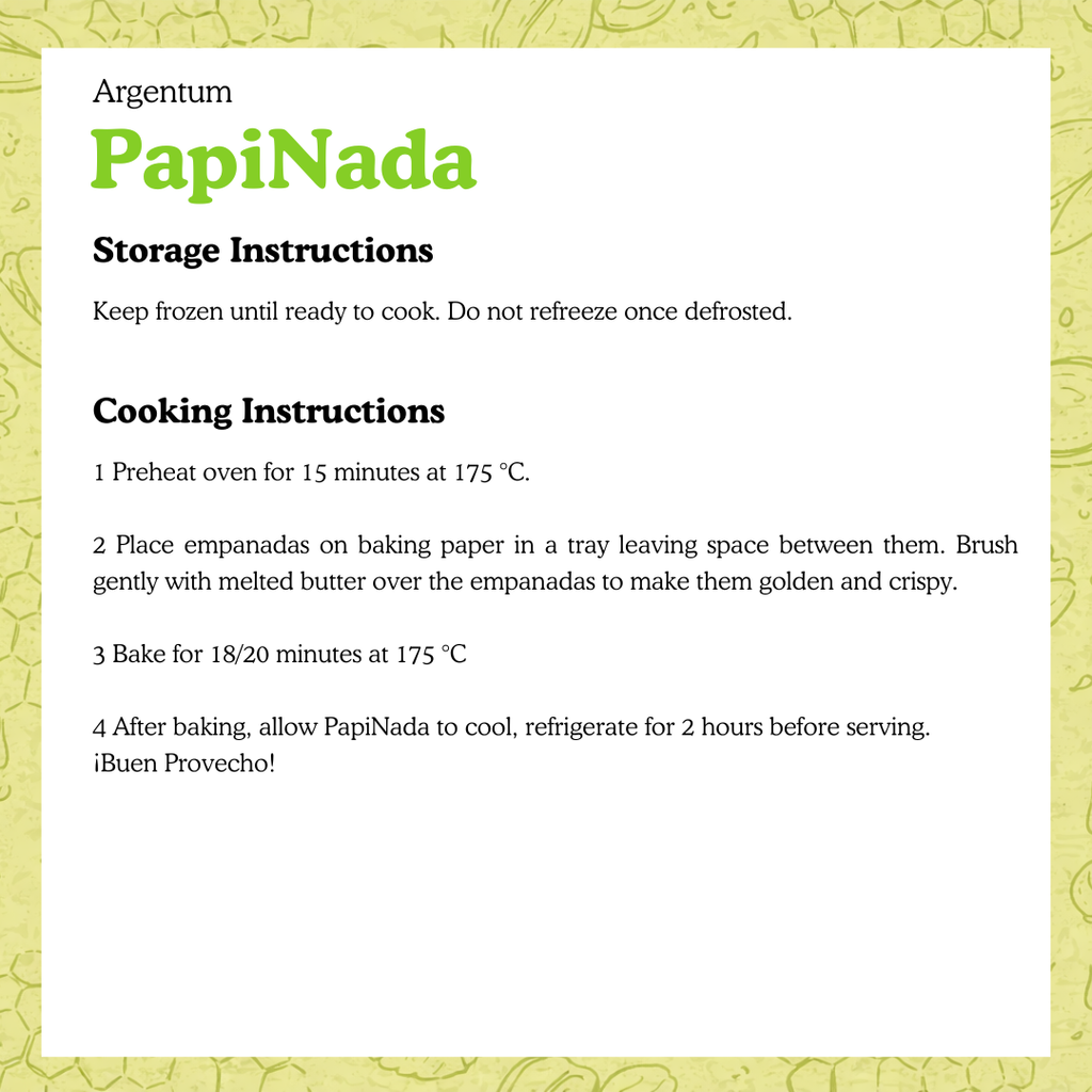 Storage and cooking instructions for Argentum PapiNada on a white background with green text.