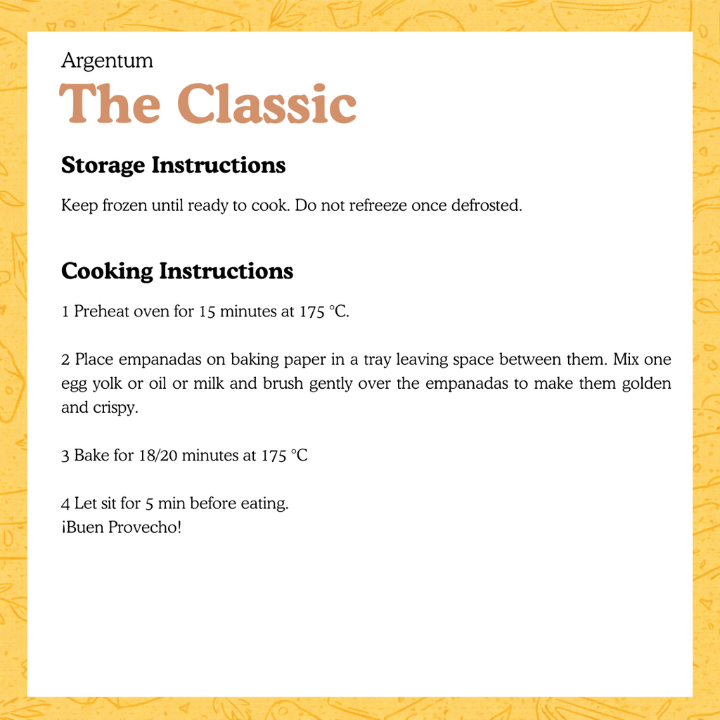 Storage and cooking instructions for classic empanadas on a white background with a yellow border.