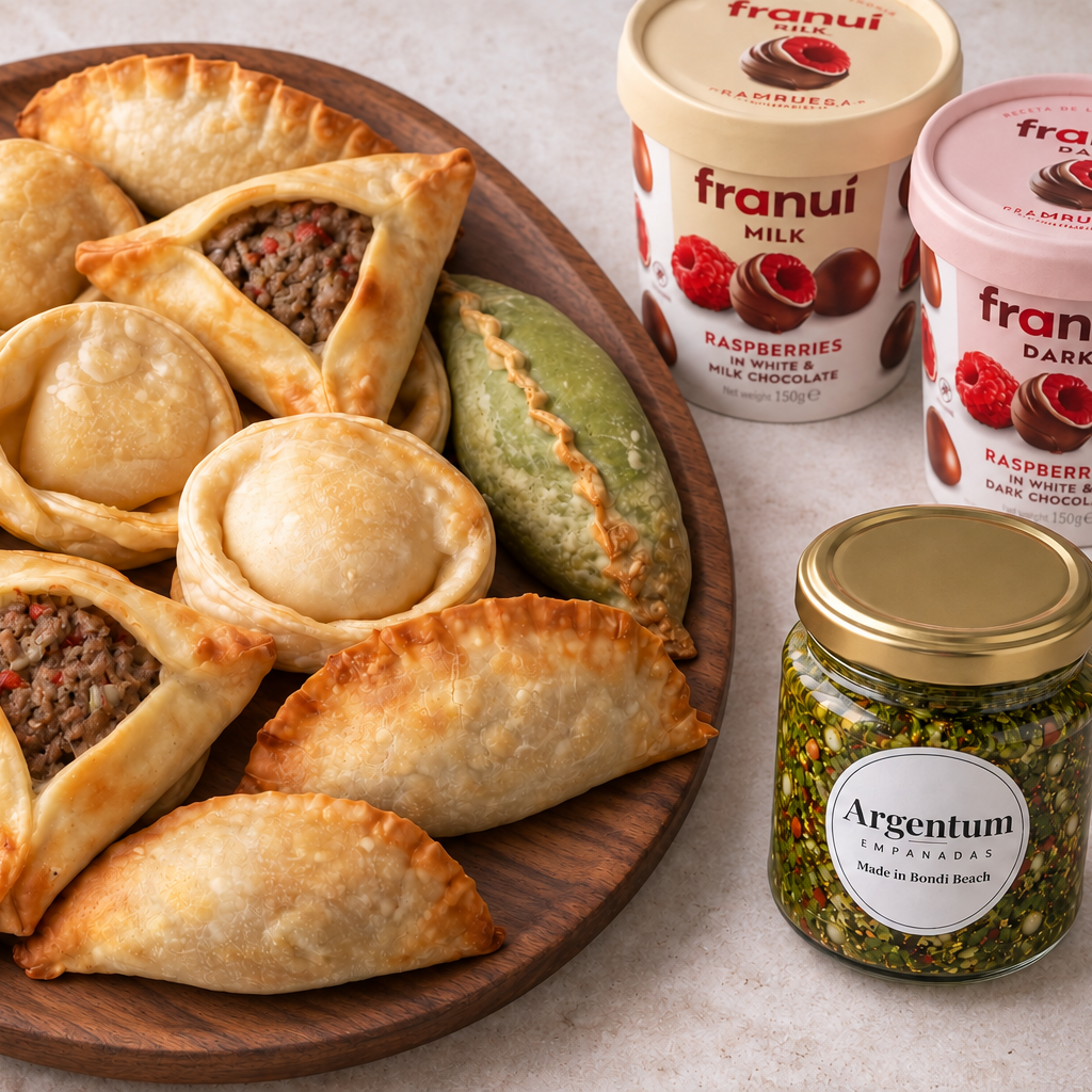 The Argentinian Table Box with frozen empanadas, Pedro’s Chimichurri and Franuí desserts.