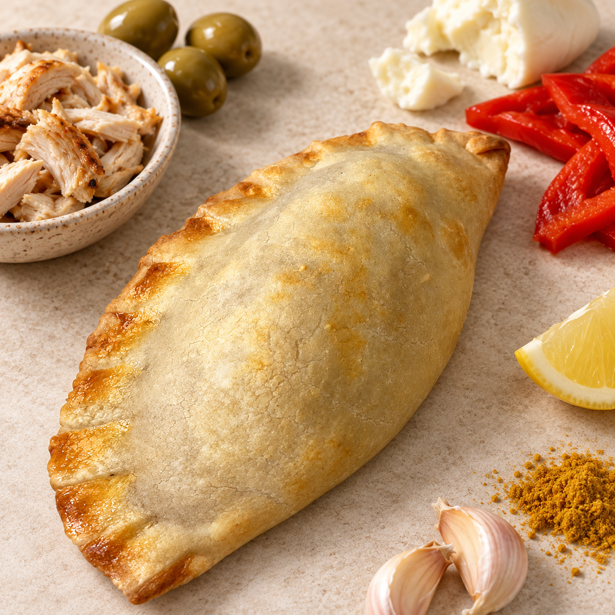 Golden Athlete empanada with chicken, green olives, mozzarella, red capsicum, lemon, garlic and curry powder.