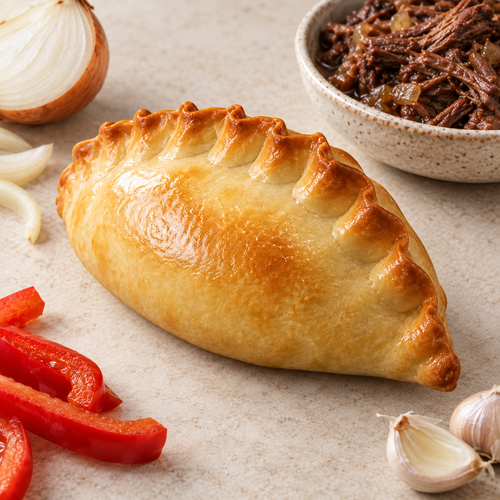 Golden Carnivore empanada with cooked beef brisket, onion, garlic and red capsicum.