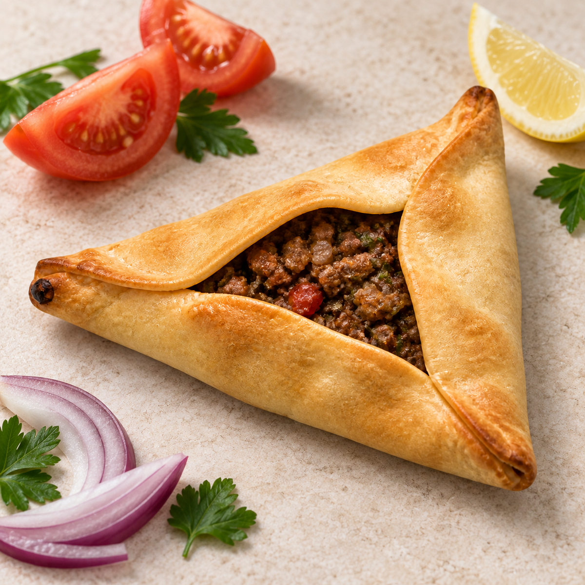 Triangular Habibi Yalla empanada with visible minced beef filling, surrounded by tomato, onion, lemon and parsley.