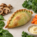 Patagonia empanada in pale green pastry with mushrooms, spinach, kale, carrot and potato cheese.