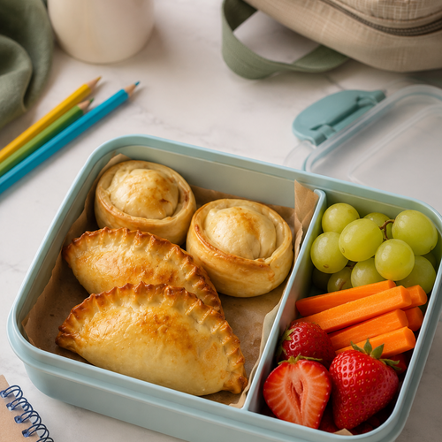 A blue bento lunch box packed with Argentum empanadas alongside fresh fruit and vegetables, ready for a Sydney school day.