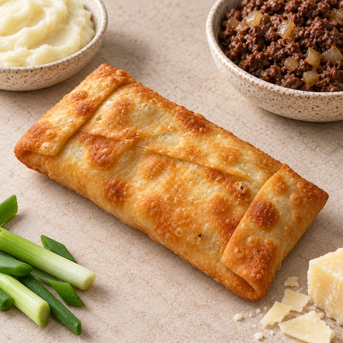 Nonna empanada on light stone with beef, potato, parmesan and green onion ingredients